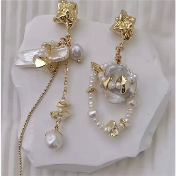 18K Gold Plated Freshwter Pearl Mismatch Drop Earrings  - Picture 1 of 3